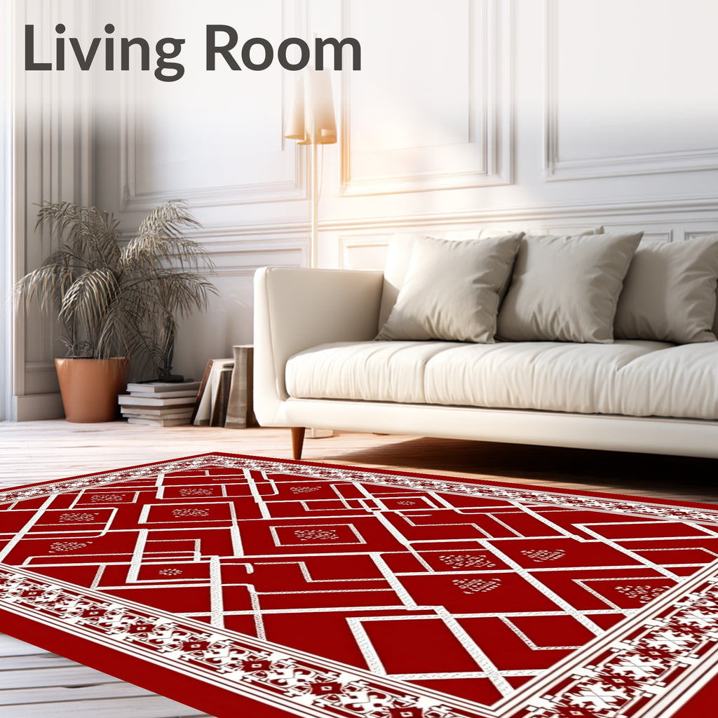 Crimson Geometric Diamond Border Medallion Rug