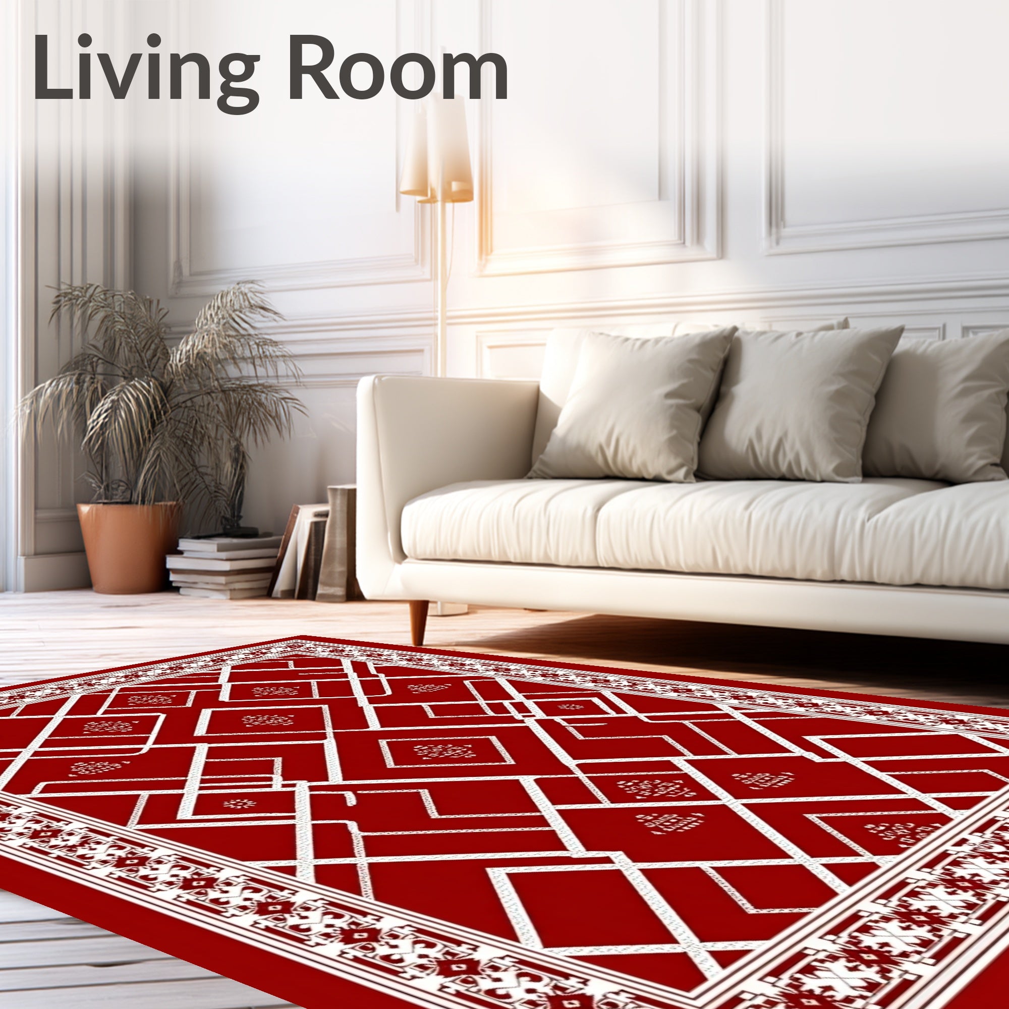 Crimson Geometric Diamond Border Medallion Rug