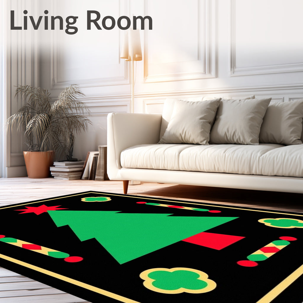 Festive Green Christmas Tree Black Border Rug