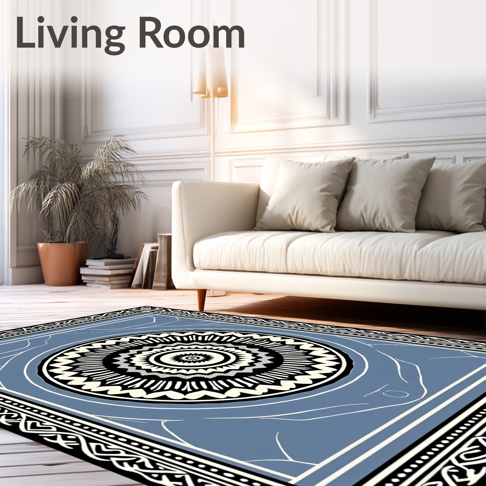 Contrasting Black Cream Mandala Border Rug