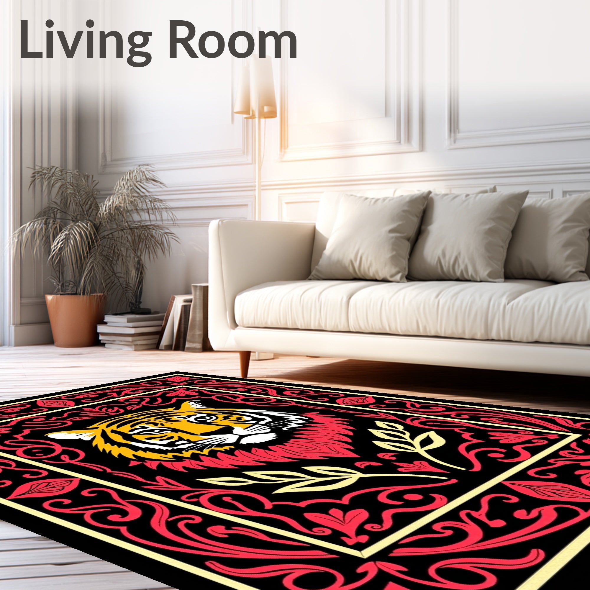Bold Tiger Head Red Floral Frame Rug