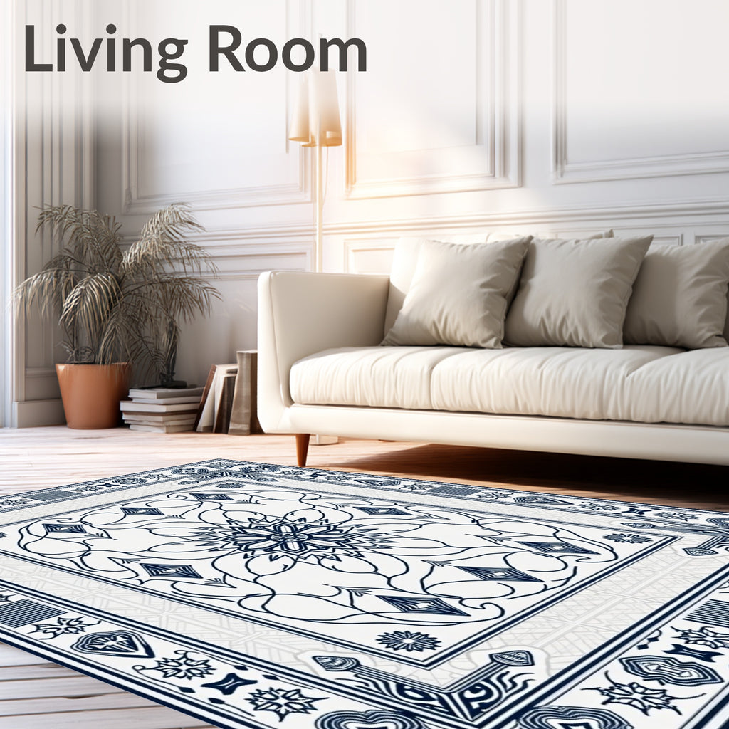 Linen White Navy Floral Medallion Frame Rug