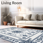 Linen White Navy Floral Medallion Frame Rug
