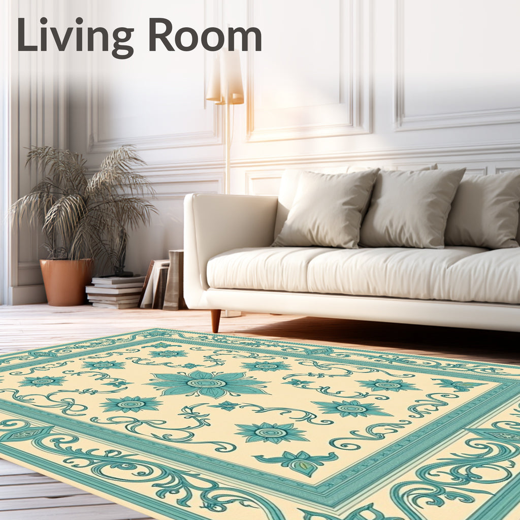 Aqua Cream Floral Scroll Border Rug