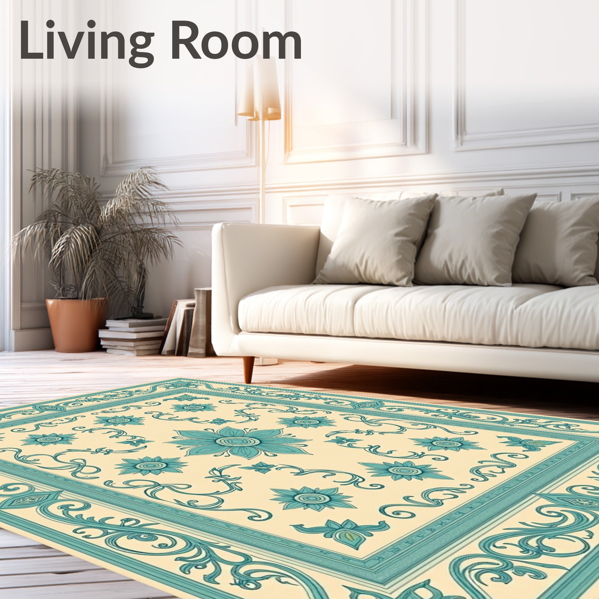 Aqua Cream Floral Scroll Border Rug