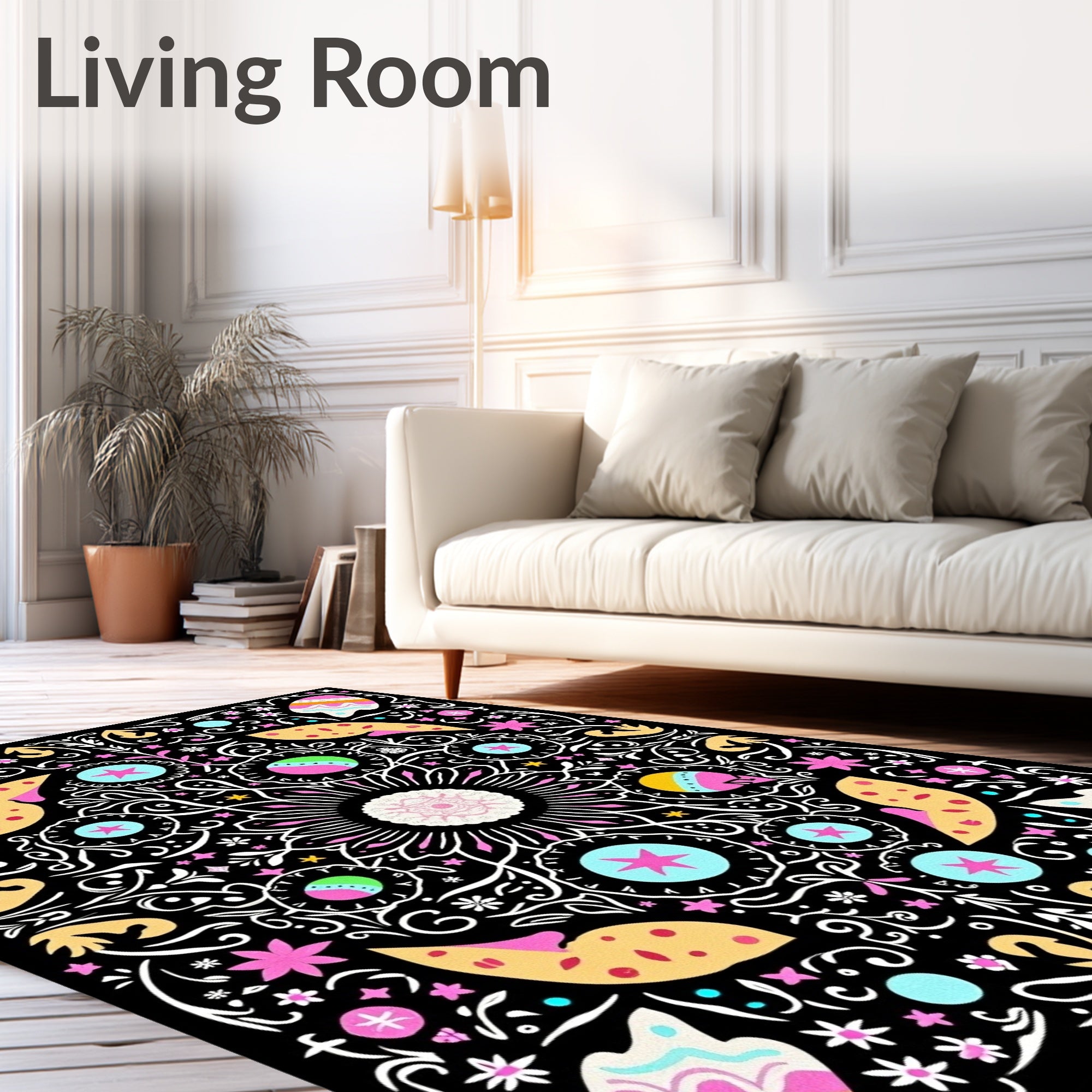 Whimsical Black Floral Colorful Medallion Rug