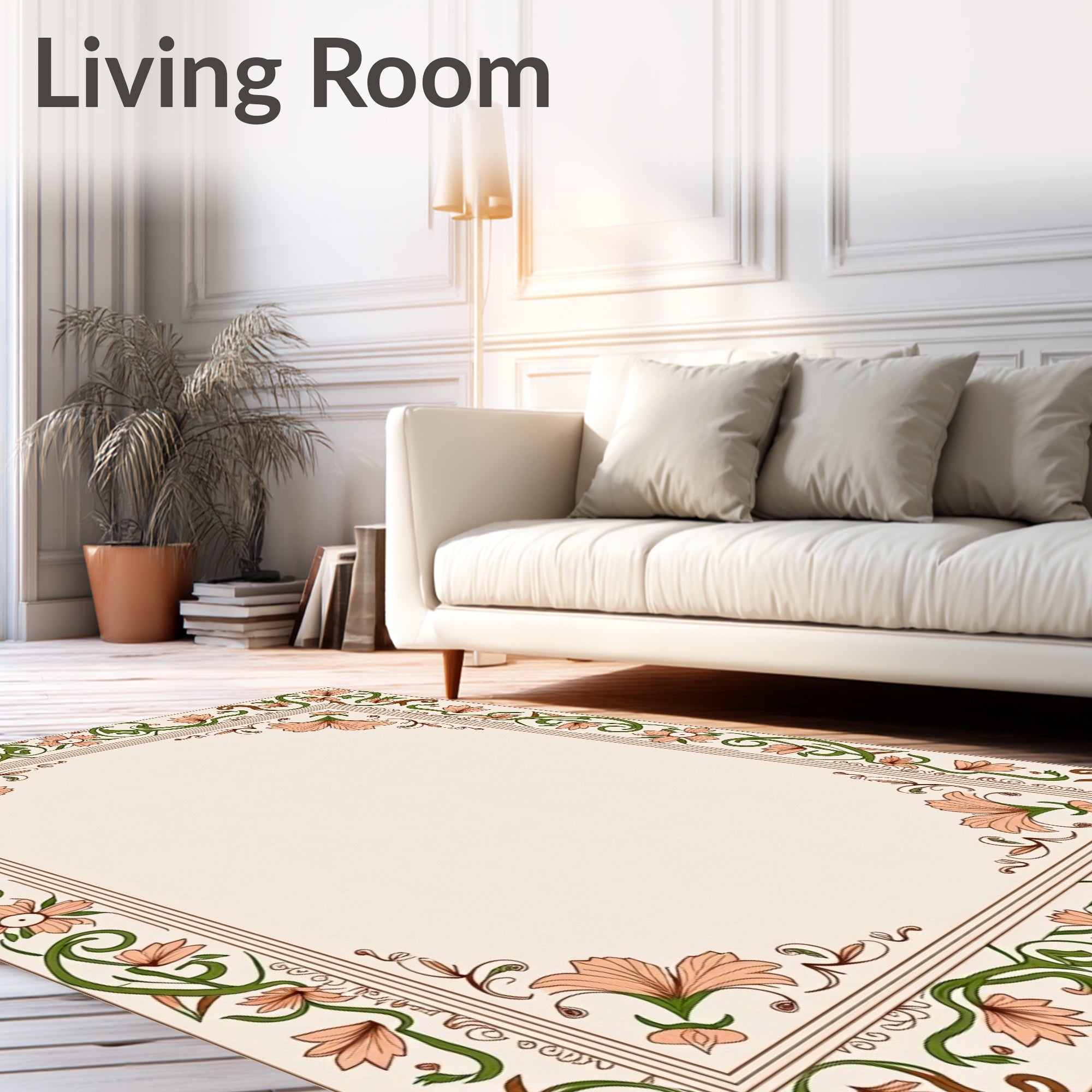 Coral Floral Vine Border Rug