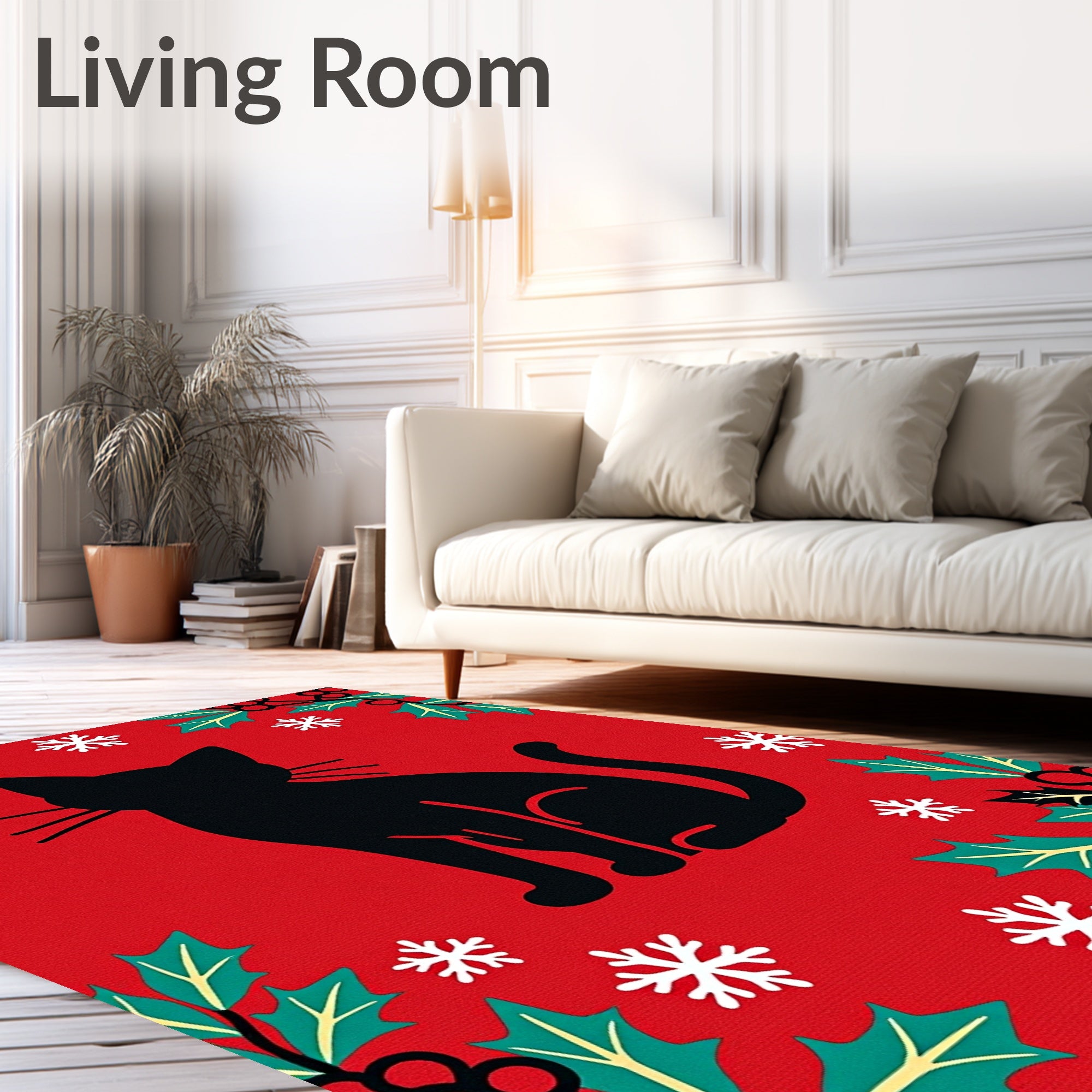 Black Cat Holly Snowflake Red Ground Rug