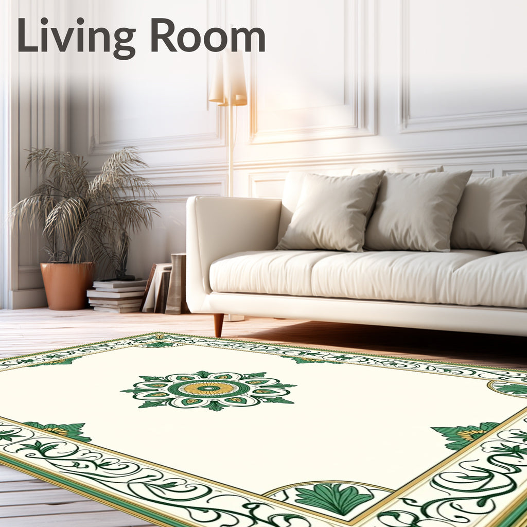 Green Gold Floral Medallion Border Rug