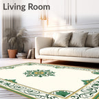 Green Gold Floral Medallion Border Rug