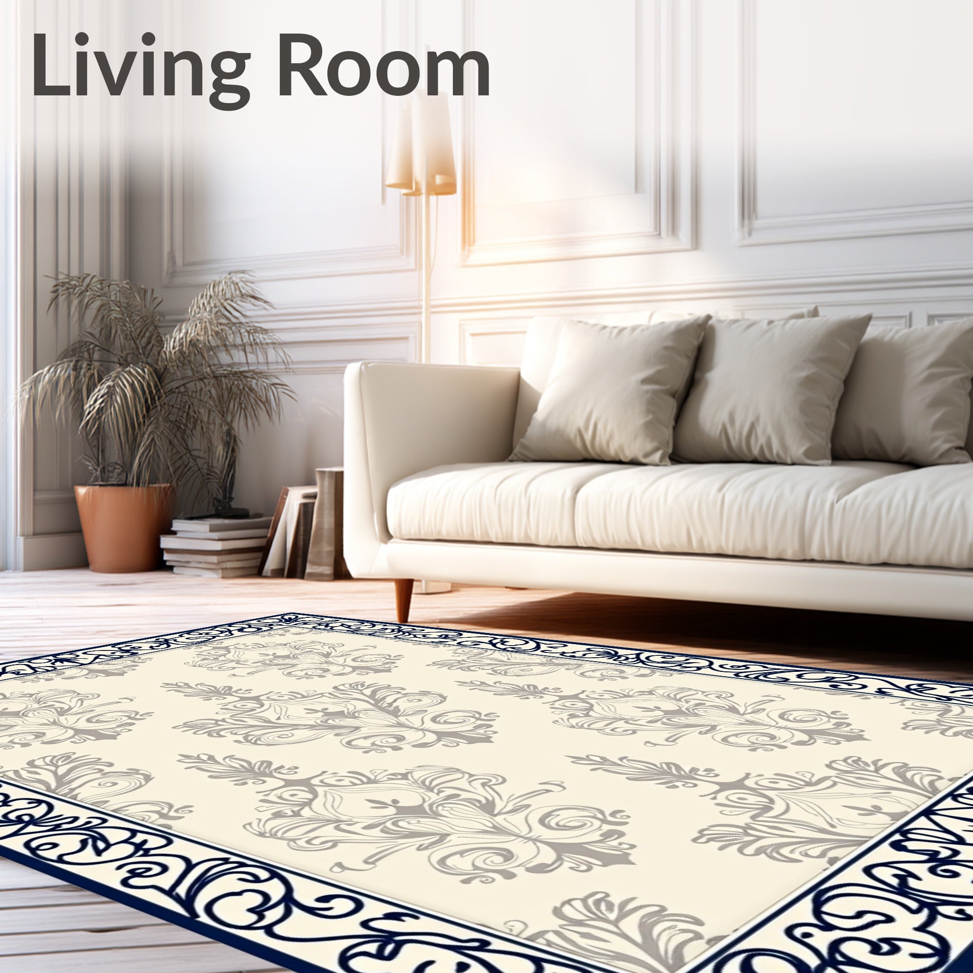 Cream Gray Baroque Damask Scroll Rug