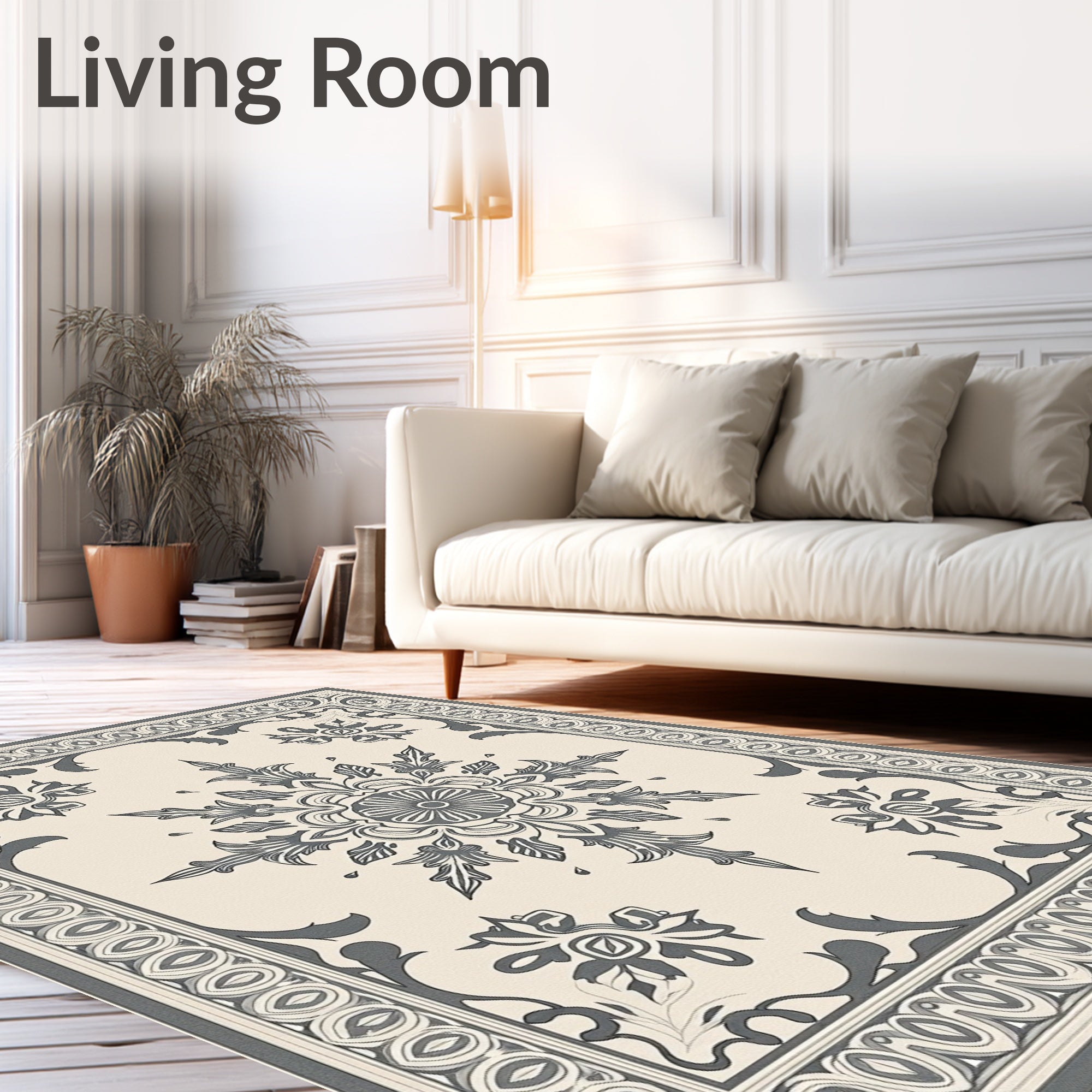 Cream Gray Floral Medallion Border Rug