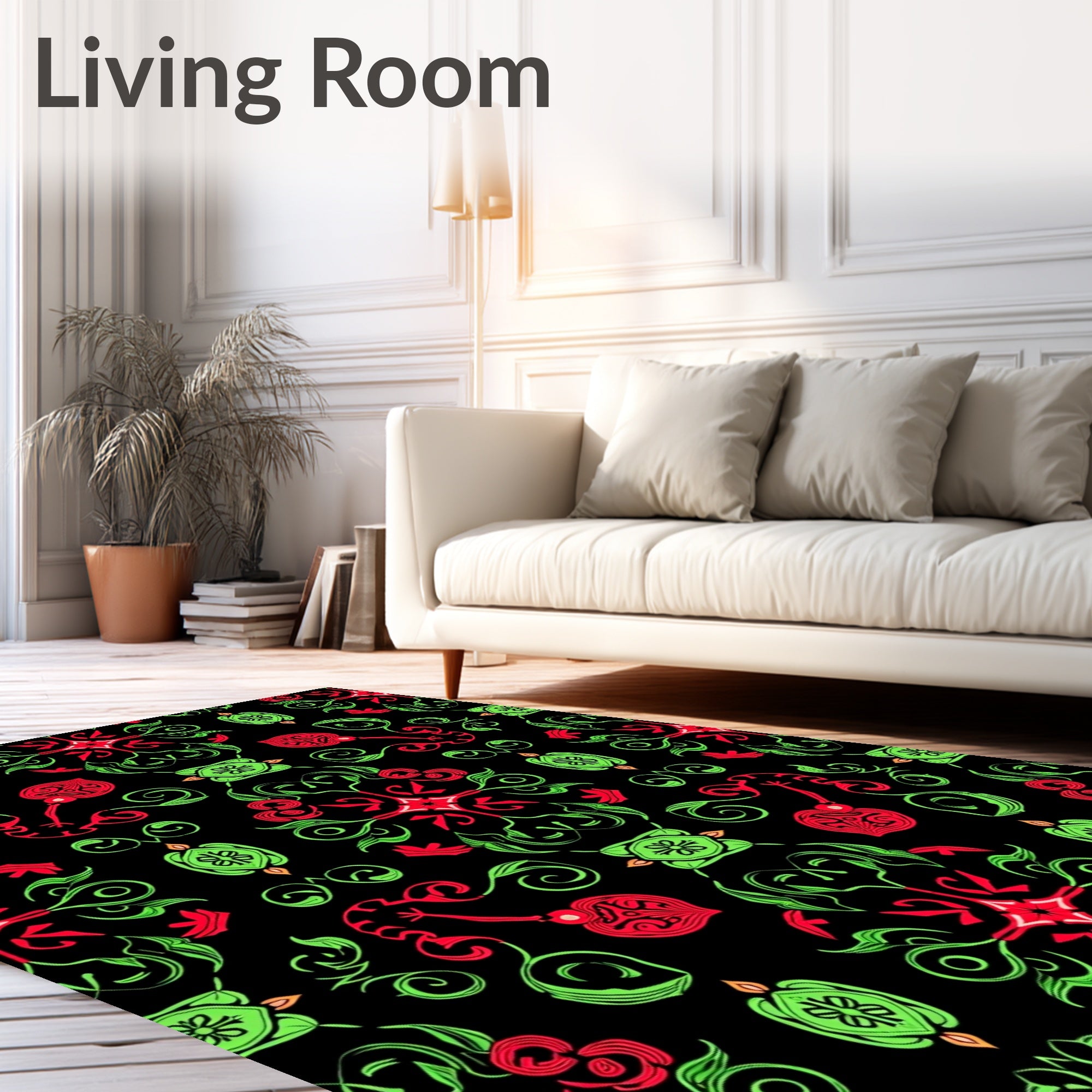 Vibrant Red Green Floral Swirls Rug
