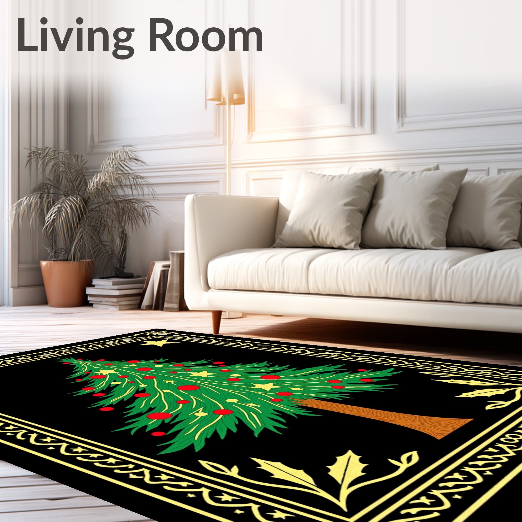 Festive Green Christmas Tree Gold Border Rug