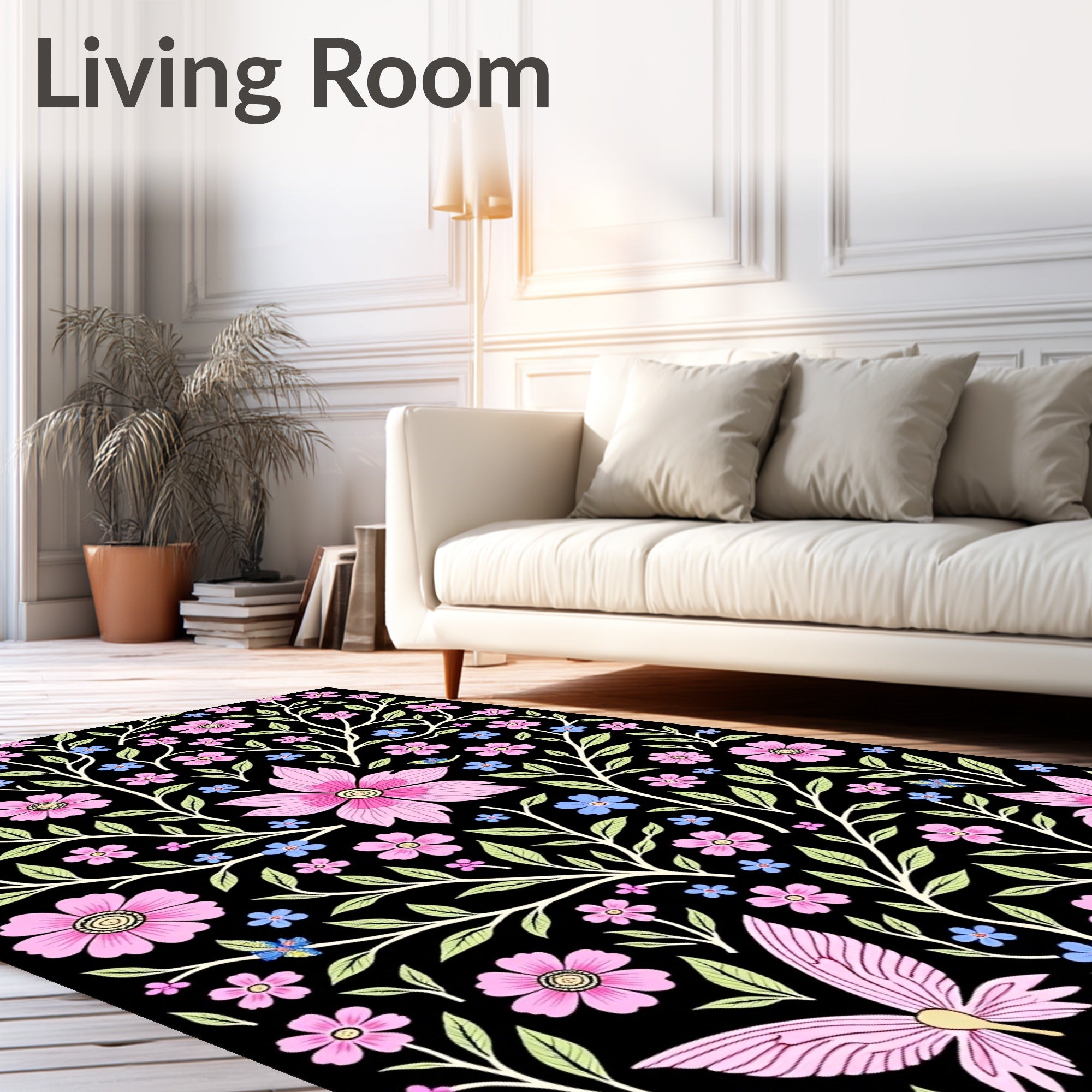 Pink Butterfly Floral Swirl Garden Rug