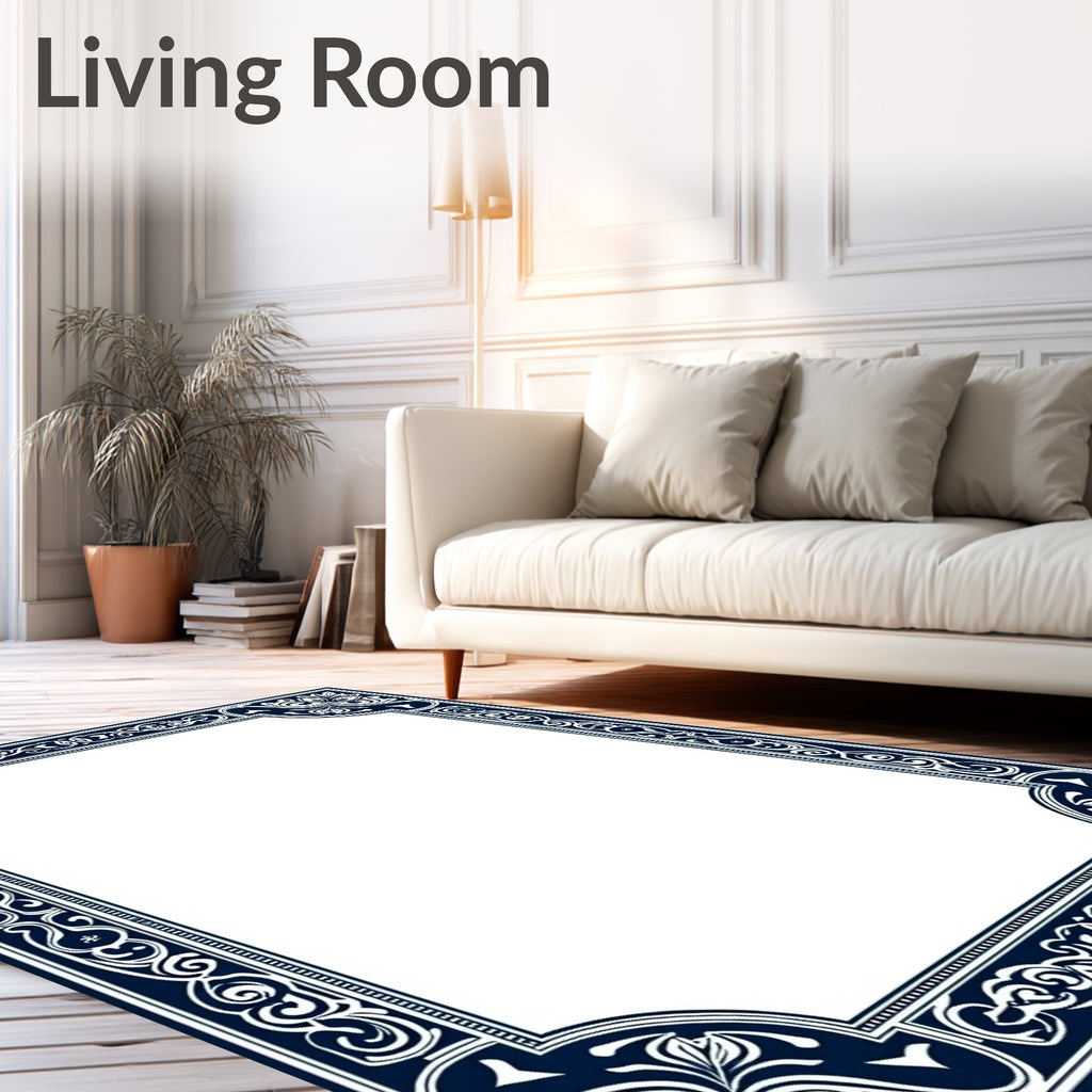 Ornate Navy Blue Floral Border Rug