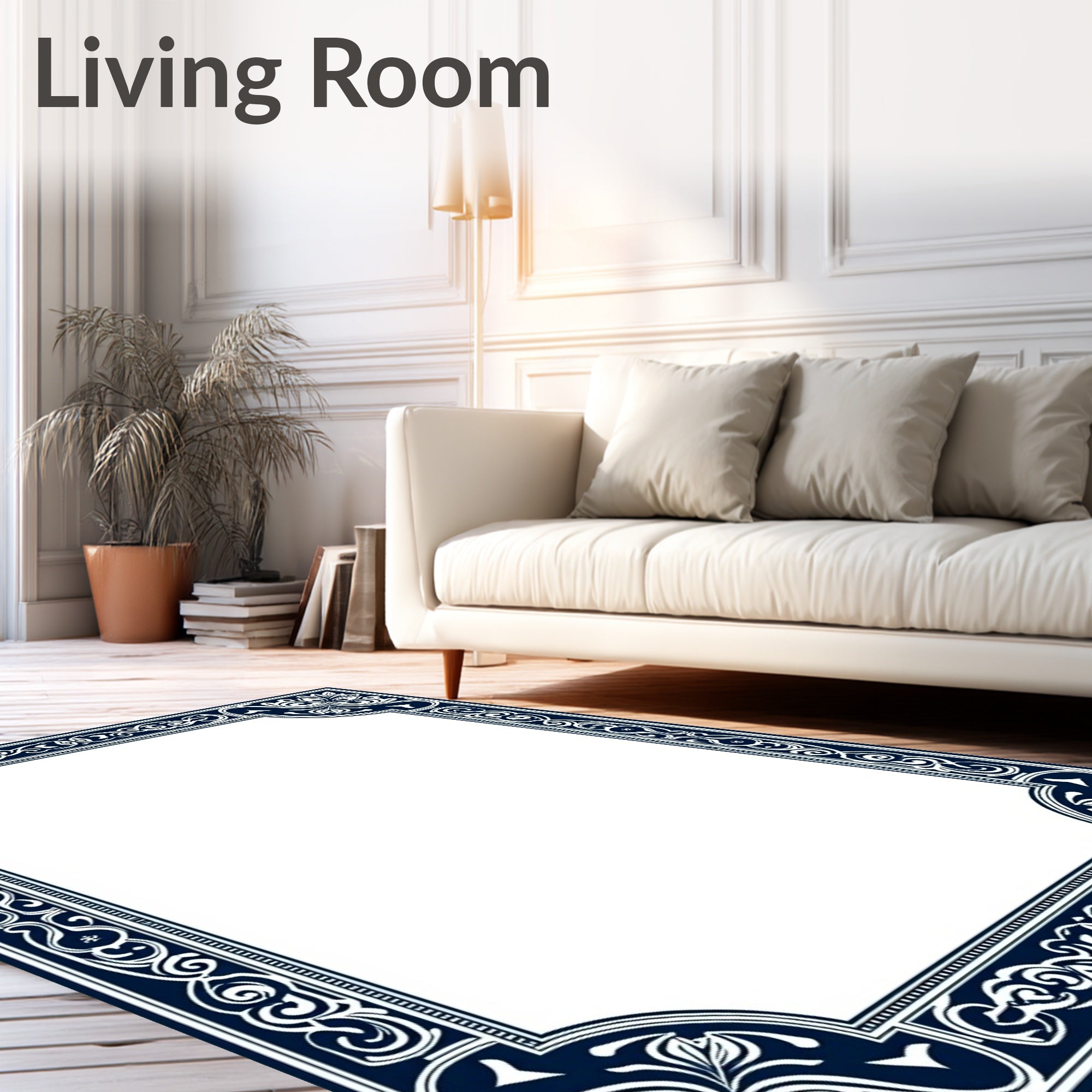 Ornate Navy Blue Floral Border Rug