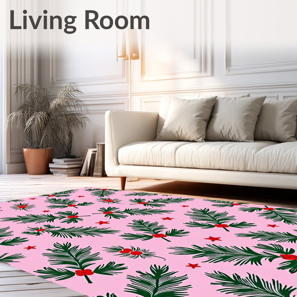 Xmas Holly Berry Stars Pink Rug