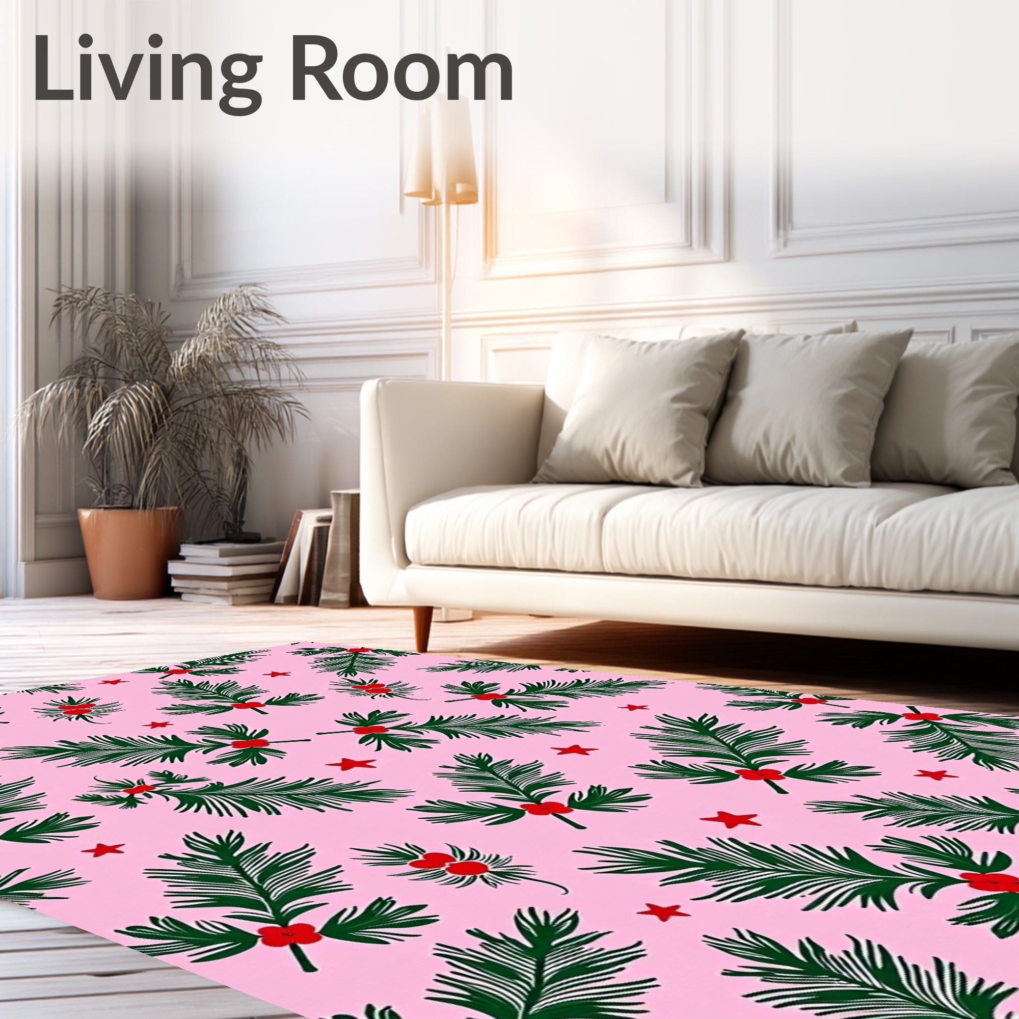 Xmas Holly Berry Stars Pink Rug