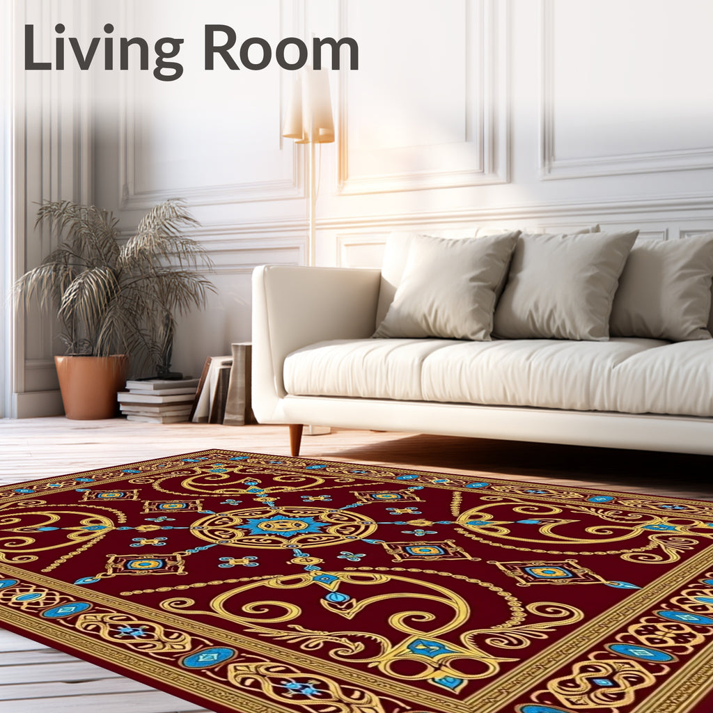 Regal Burgundy Gold Blue Medallion Border Rug