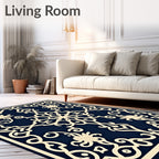 Ornate Ivory Floral Medallion Navy Rug