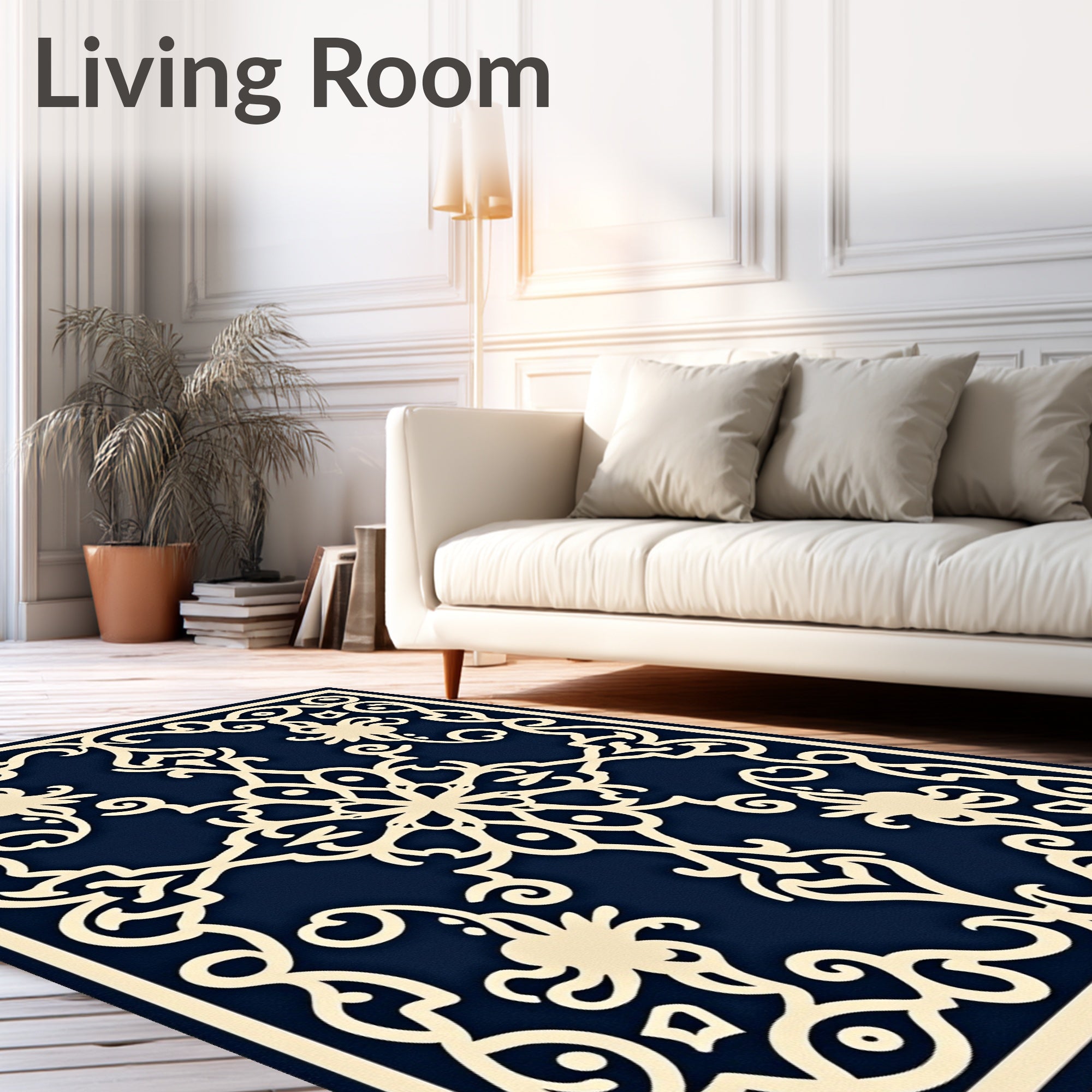 Ornate Ivory Floral Medallion Navy Rug