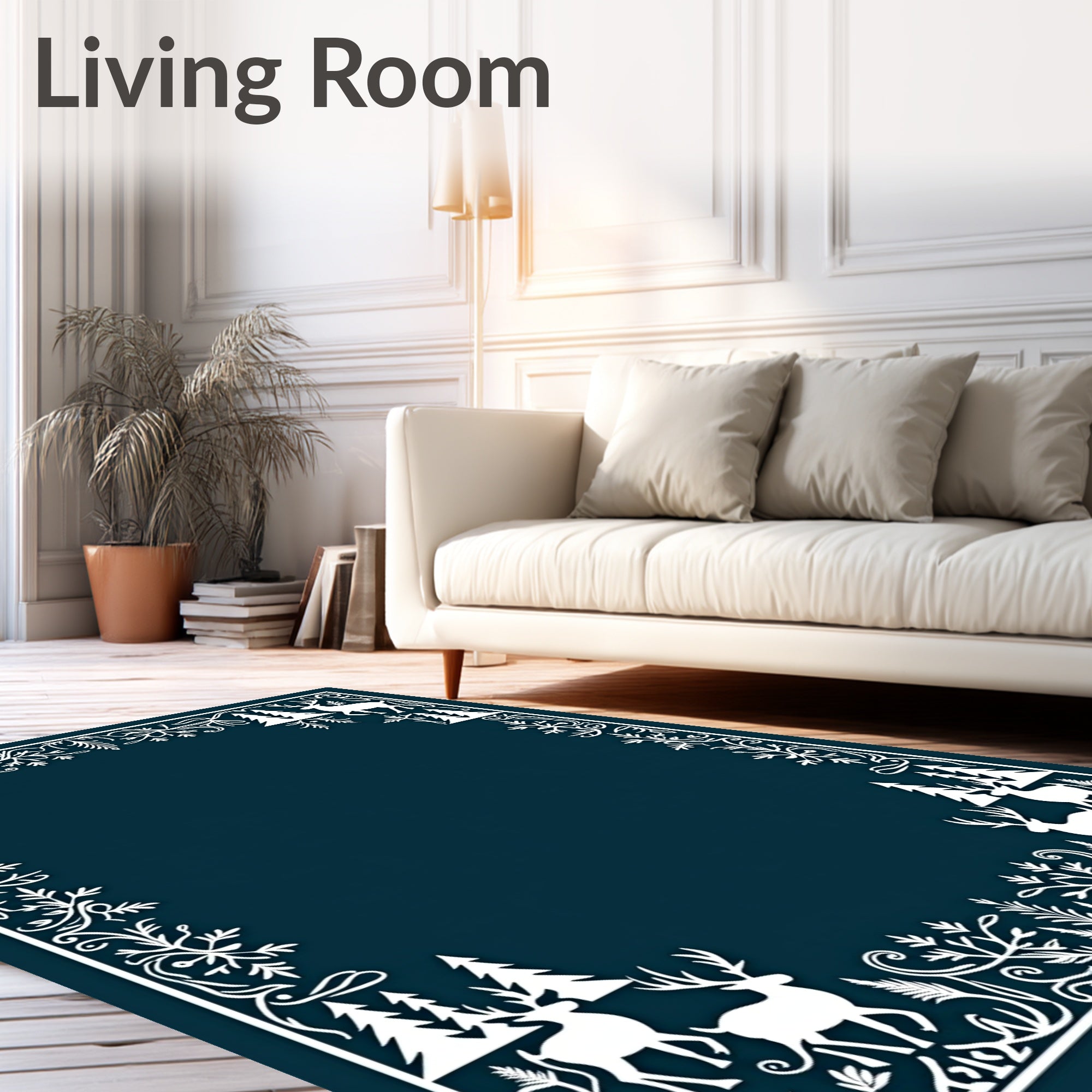 White Deer Forest Winter Frame Rug