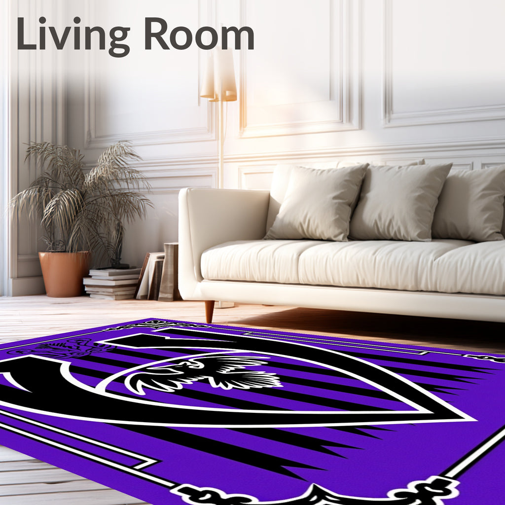 Vibrant Black Raven Crest Purple Stripes Rug