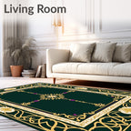 Ornate Green Gold Floral Border Rug
