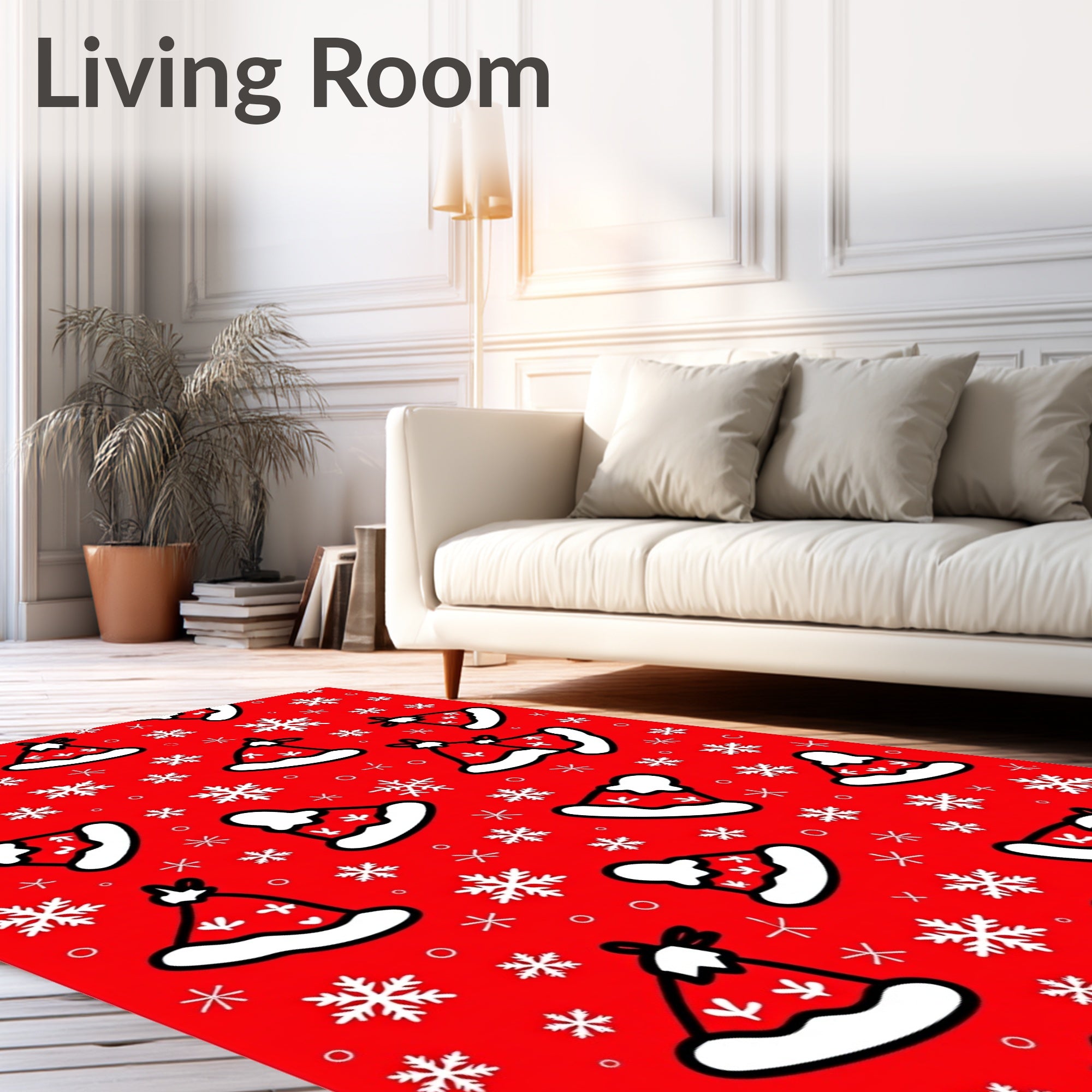 Red White Christmas Hat Snowflakes Rug