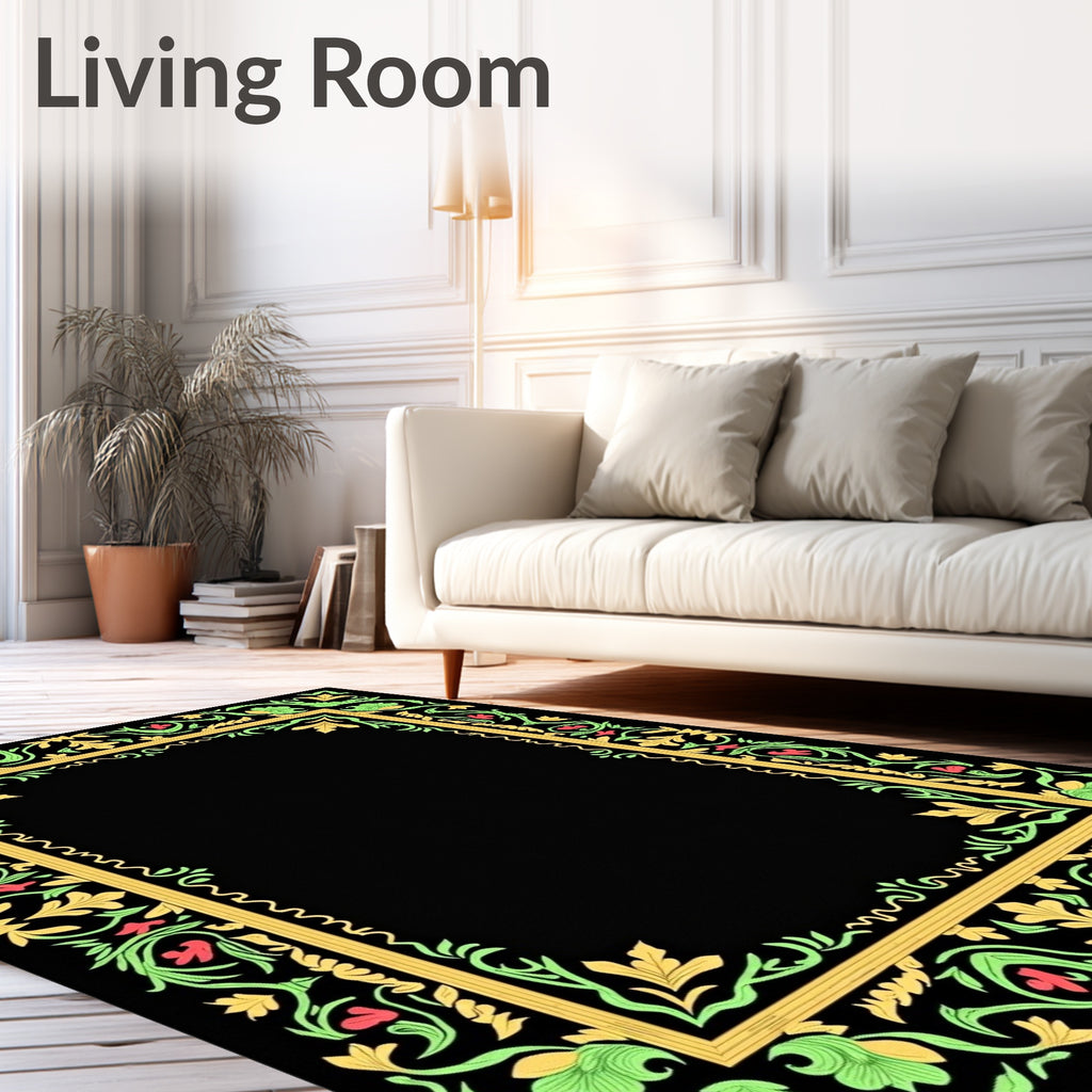 Ornate Gold Green Floral Border Rug