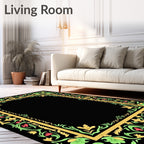 Ornate Gold Green Floral Border Rug