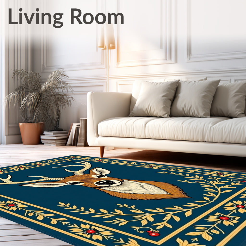 Majestic Deer Head Blue Floral Border Rug