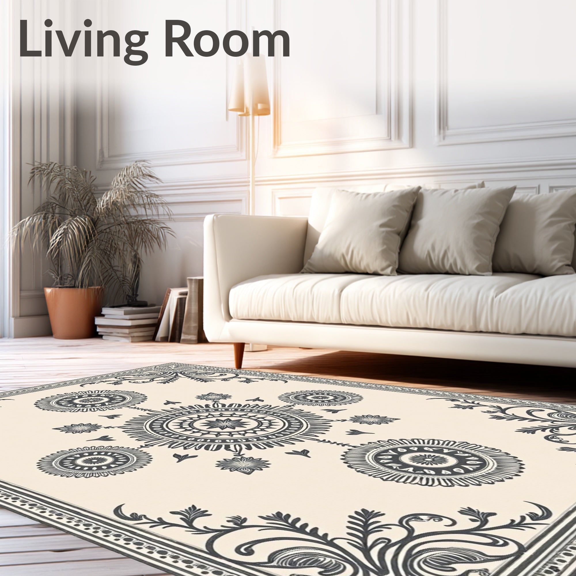 Cream and Charcoal Floral Mandala Arrangement Rug