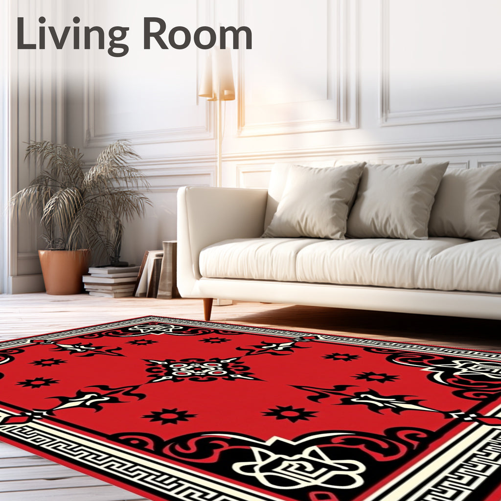 Red Black and Cream Geometric Scroll Rug