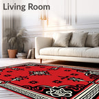 Red Black and Cream Geometric Scroll Rug