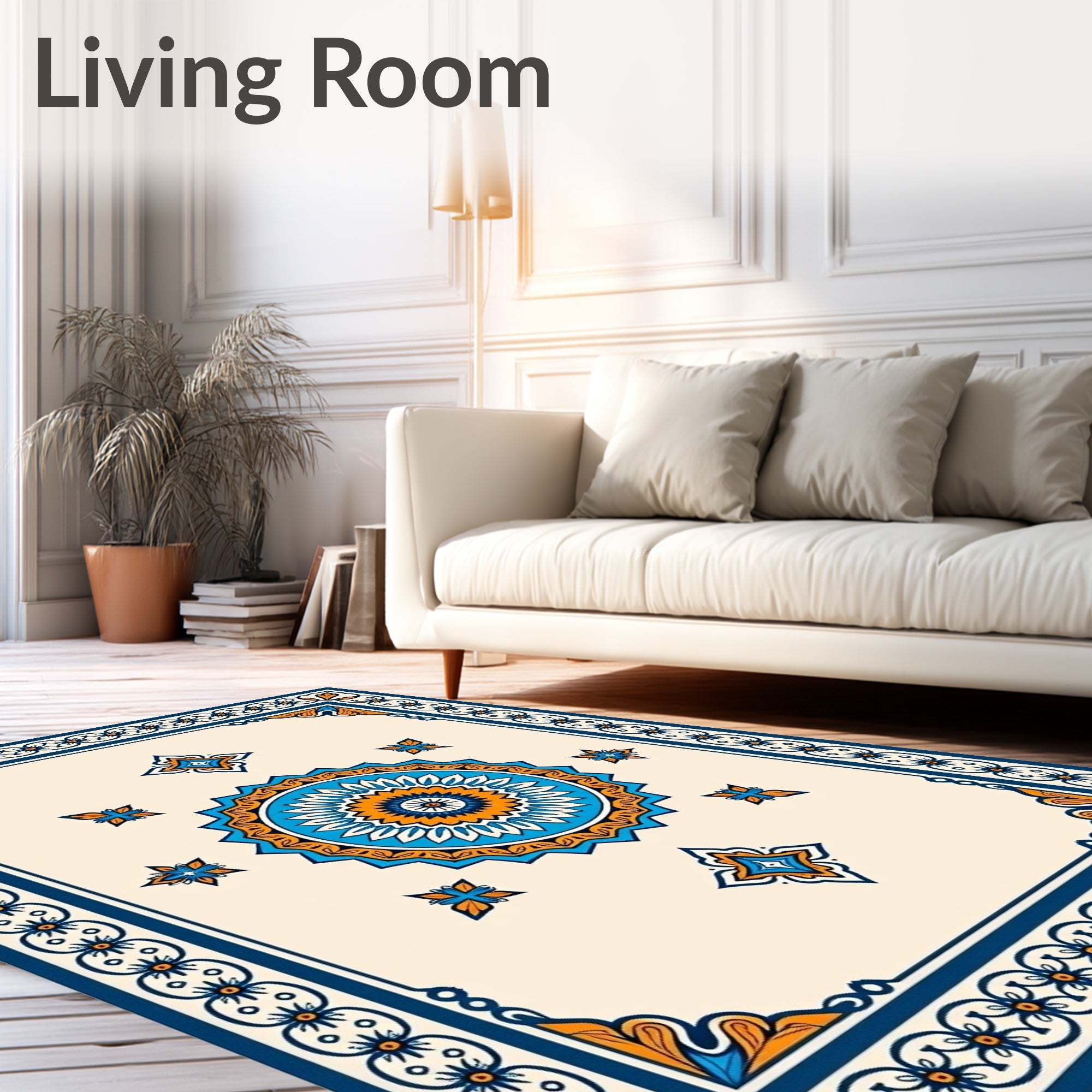 Navy Orange Ivory Mandala Medallion Rug