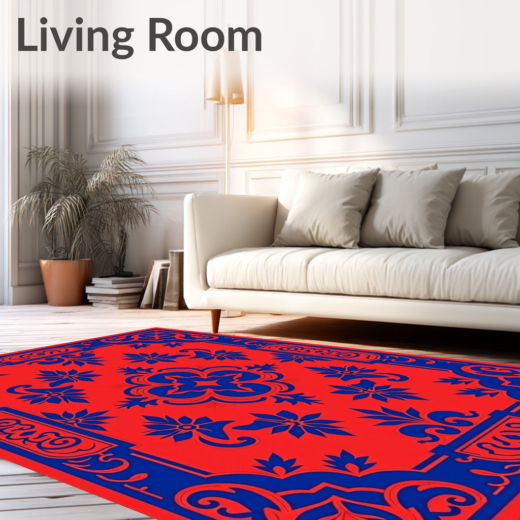 Vibrant Red Blue Floral Medallion Rug