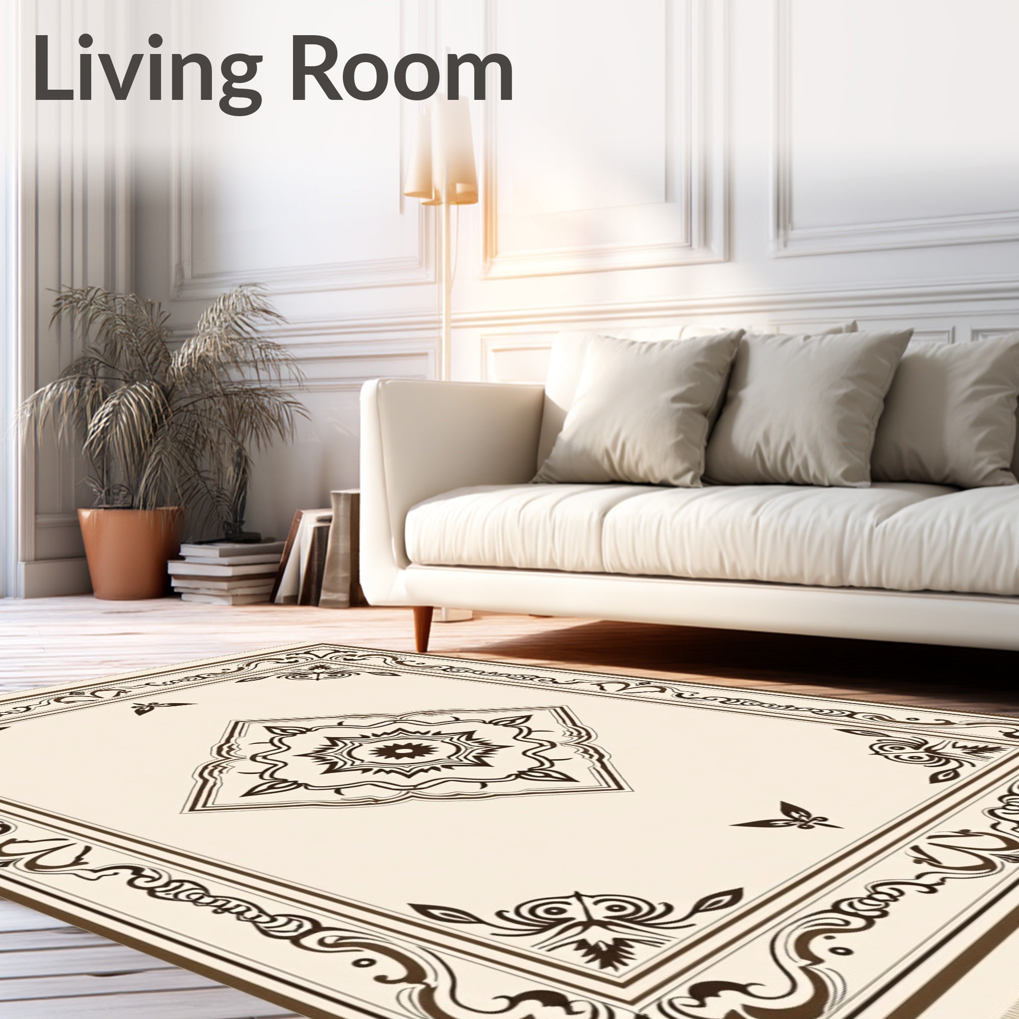 Cream and Brown Medallion Border Rug