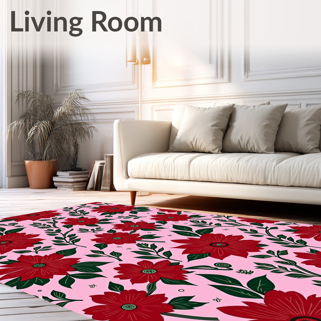 Bold Red Floral Garden with Leaves Rug