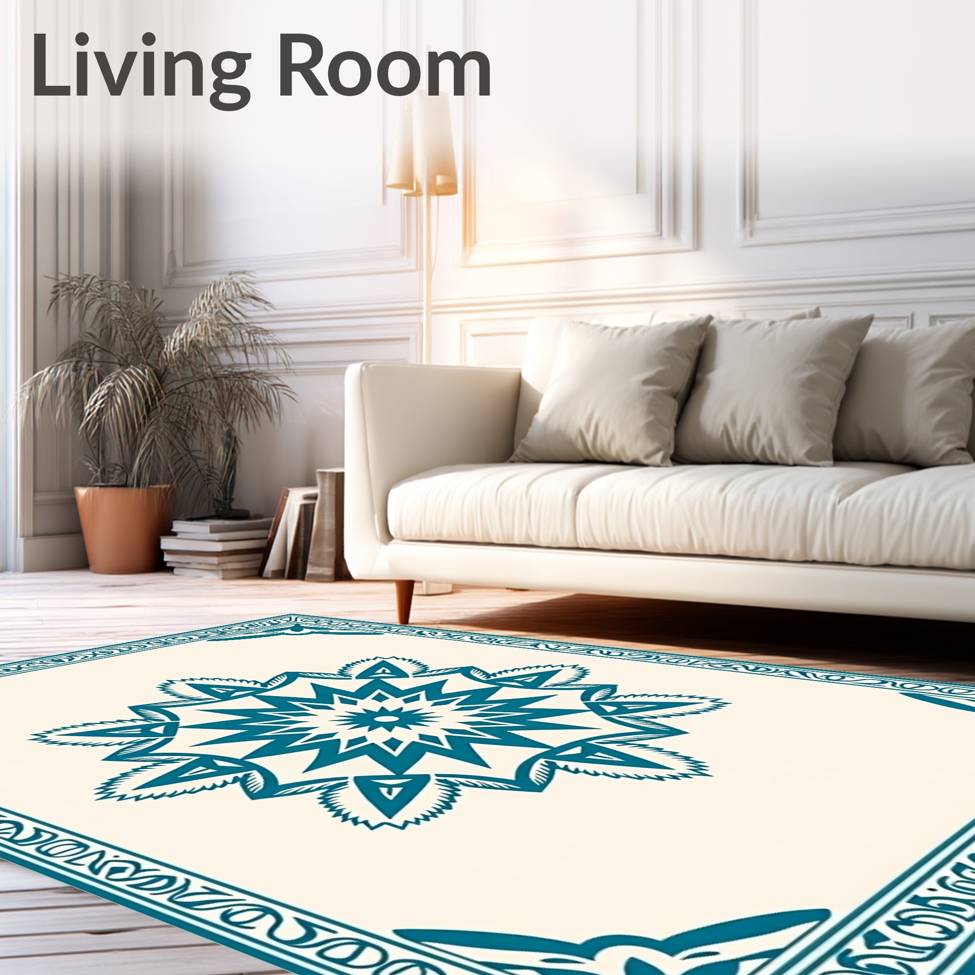 Teal Medallion Ivory Border Rug