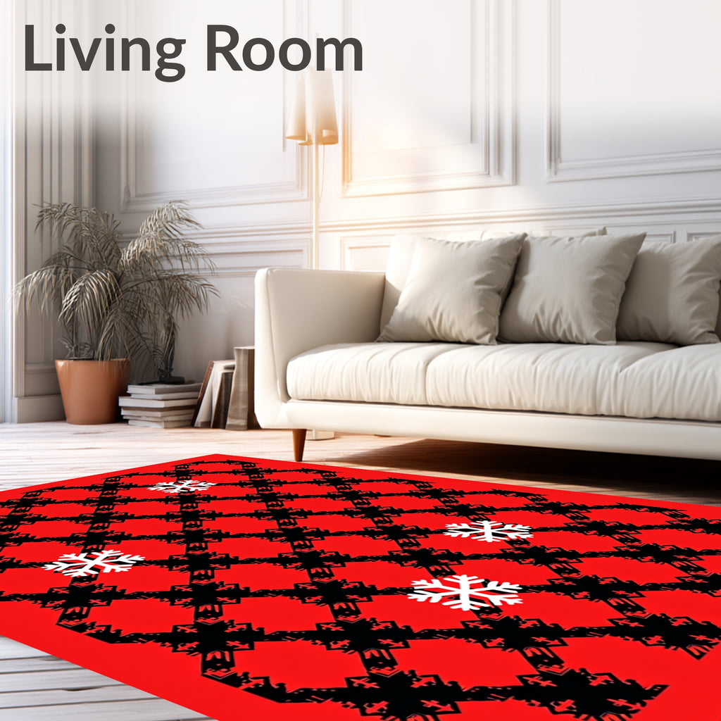 Red Black Snowflake Geometric Grid Rug