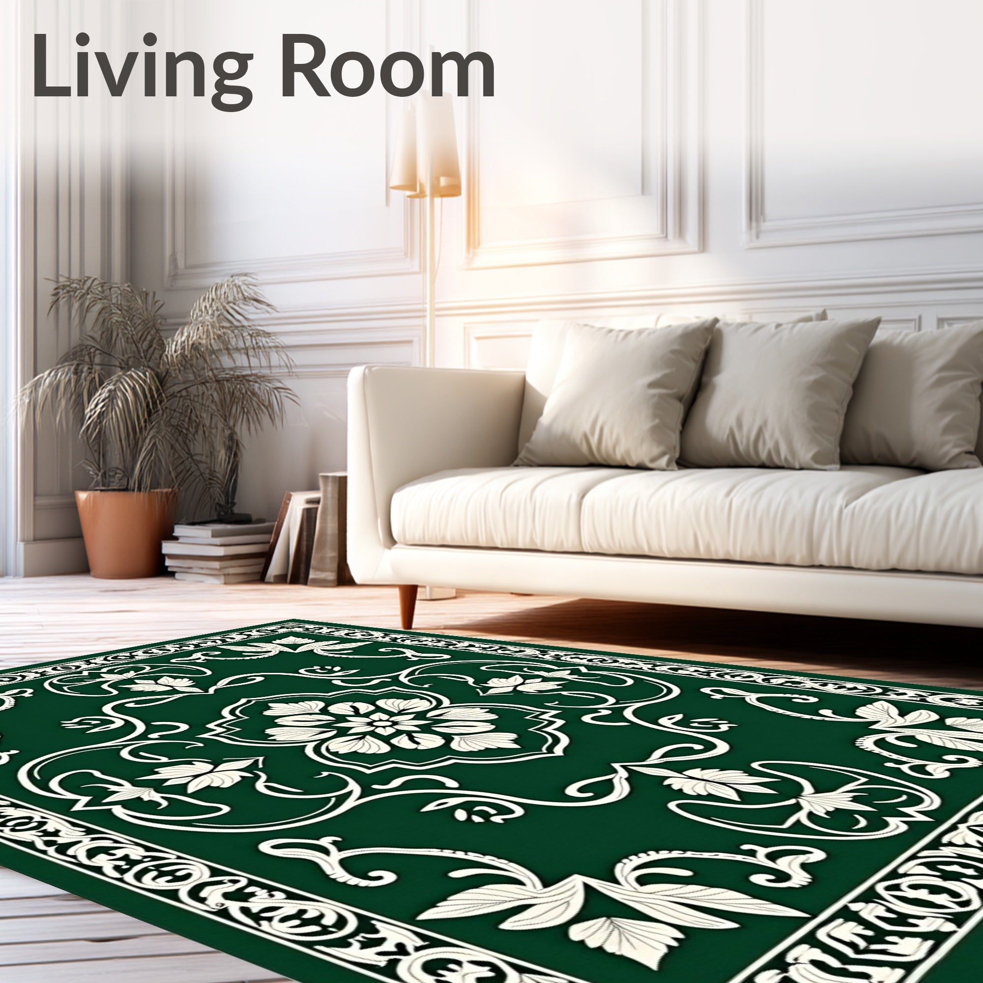 Emerald Green White Floral Medallion Border Rug