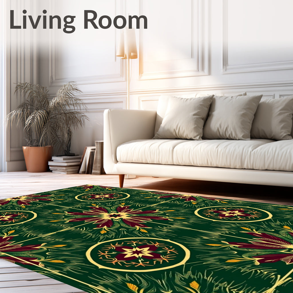 Deep Green Burgundy Sunburst Medallion Rug