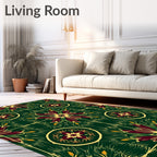 Deep Green Burgundy Sunburst Medallion Rug