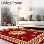 Crimson Sunburst Bordered Abstract Rug