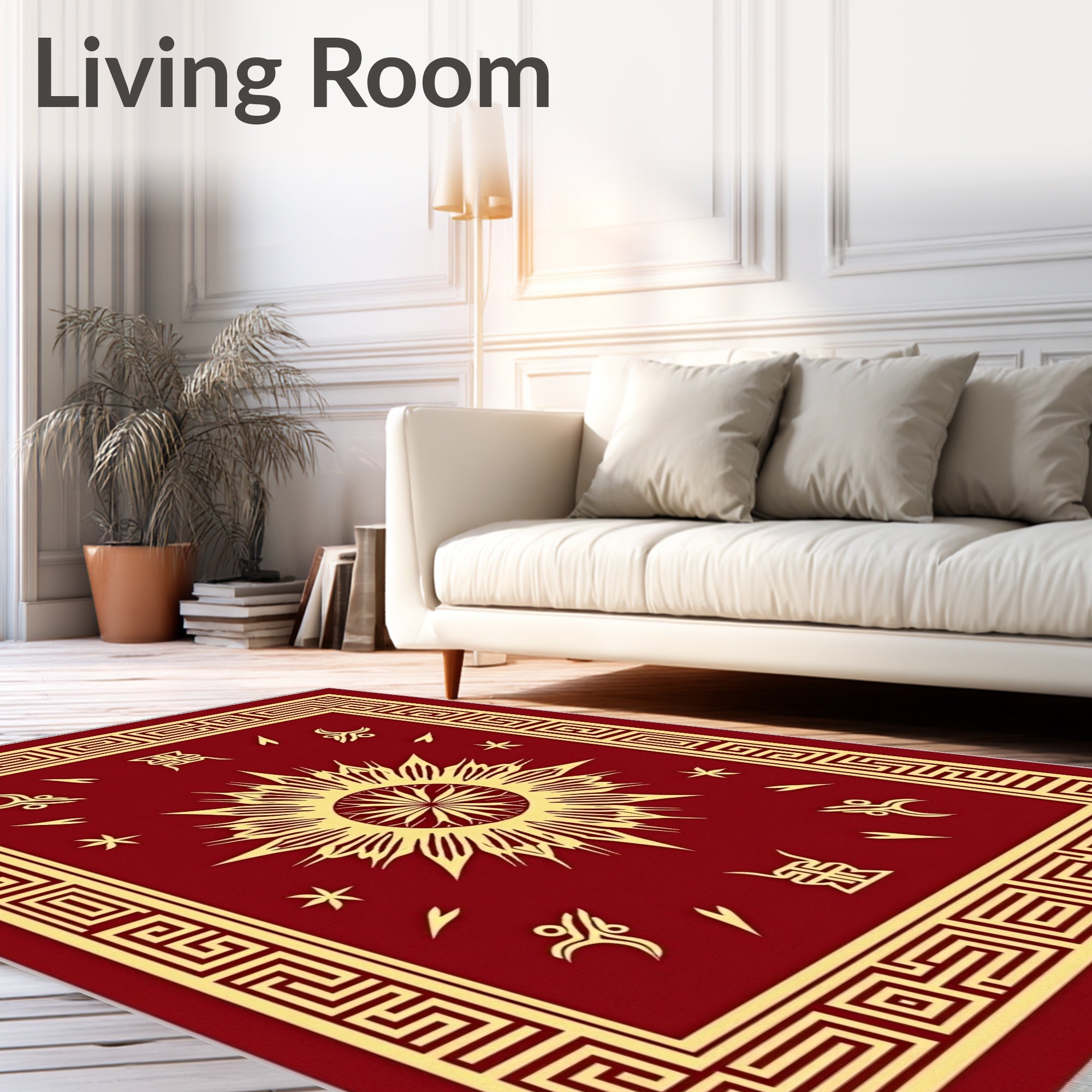 Crimson Sunburst Bordered Abstract Rug