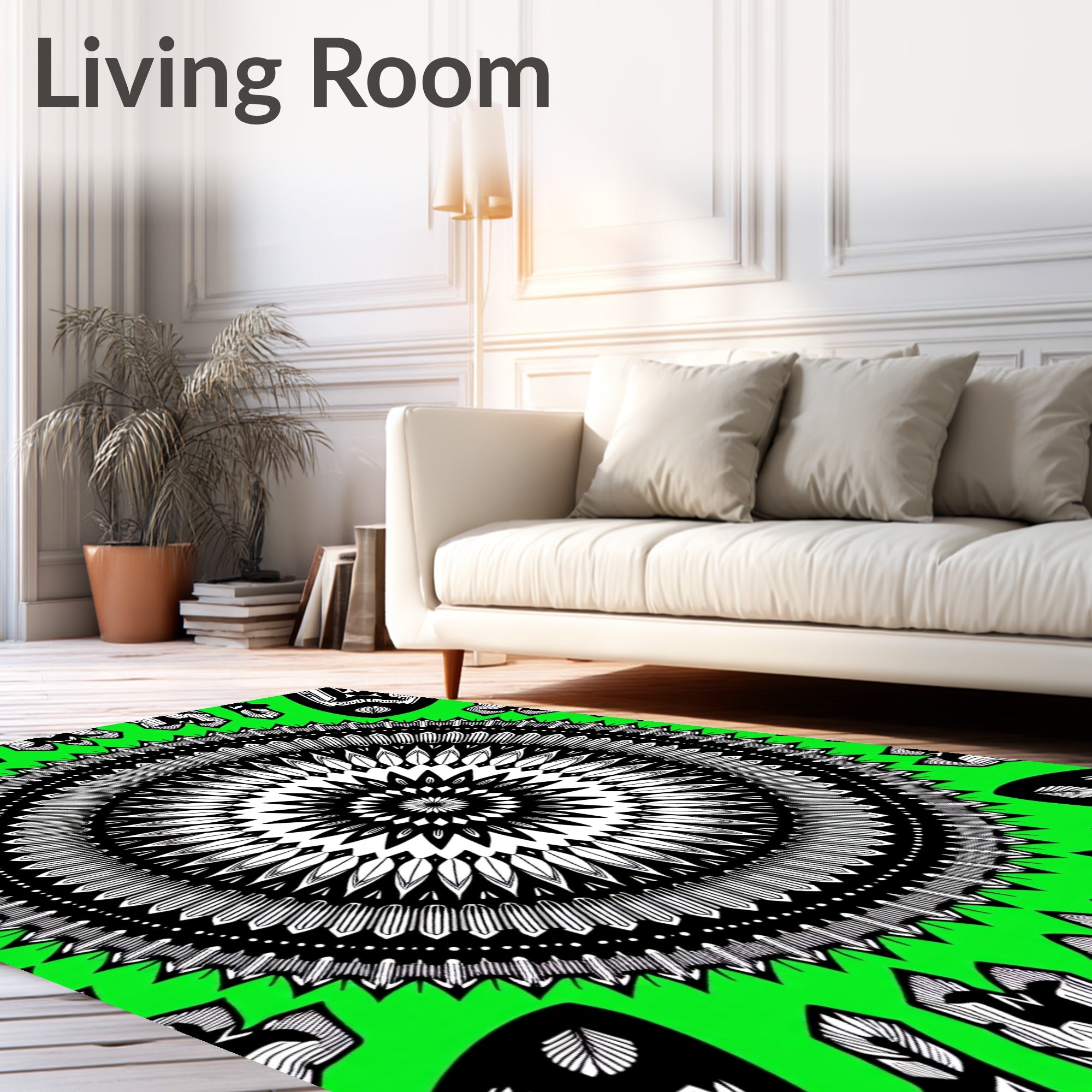 Vibrant Green Black Mandala Sunburst Rug