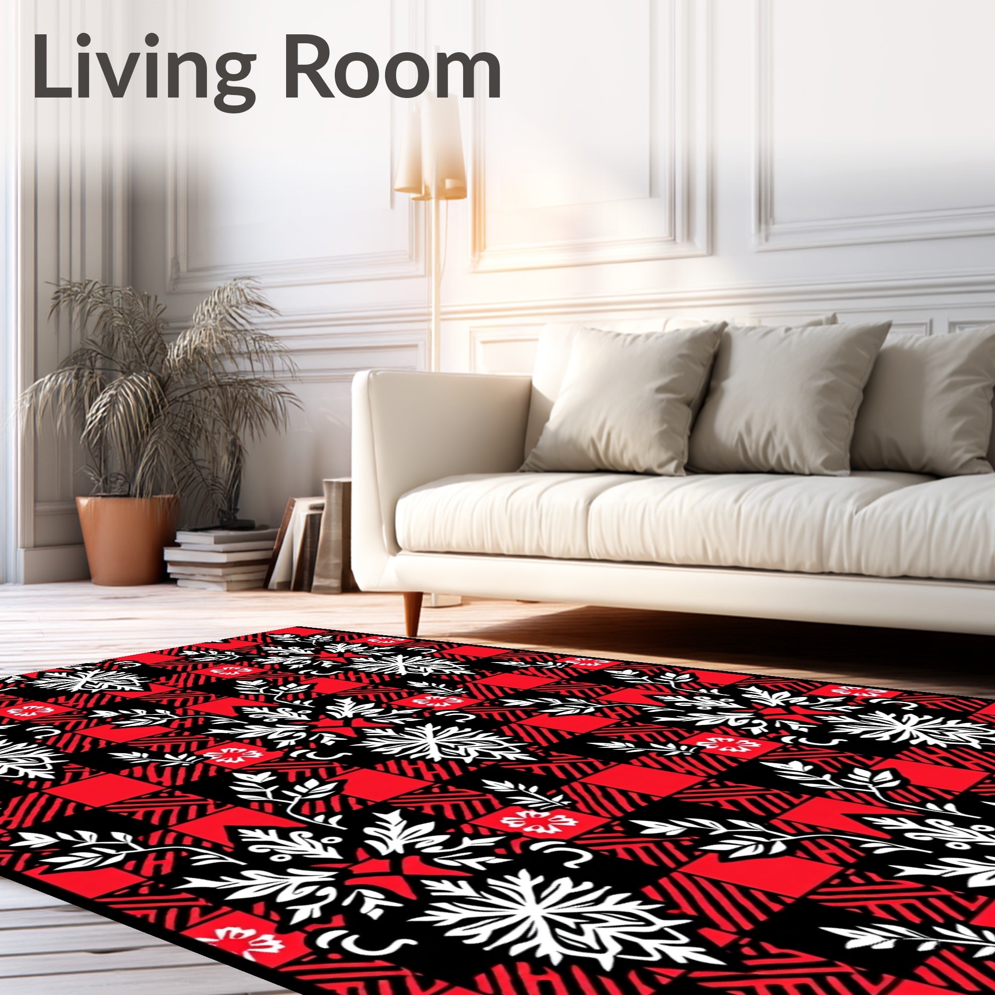 Red Black Buffalo Check Floral Medallions Rug