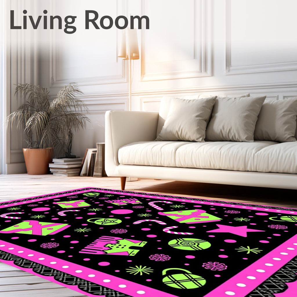 Neon Christmas Objects Black Pink Border Rug
